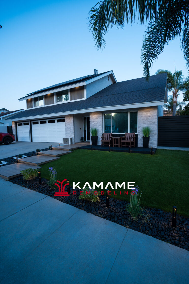 Completed front yard remodel with artificial turf and floating steps, Orange County CA